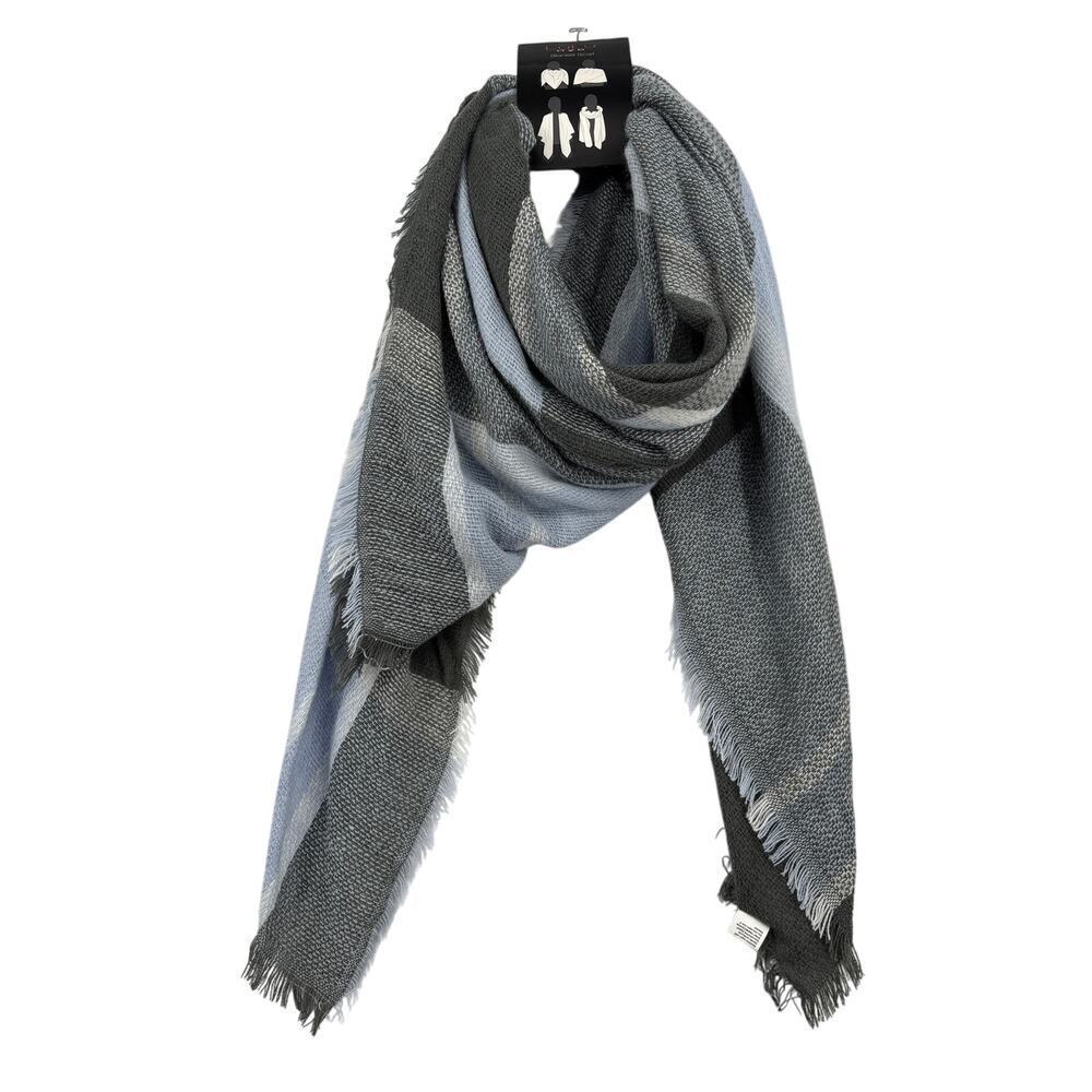 Lulu NYC Blanket‎ Scarf Light Blue Gray Plaid with Fringe Acrylic New